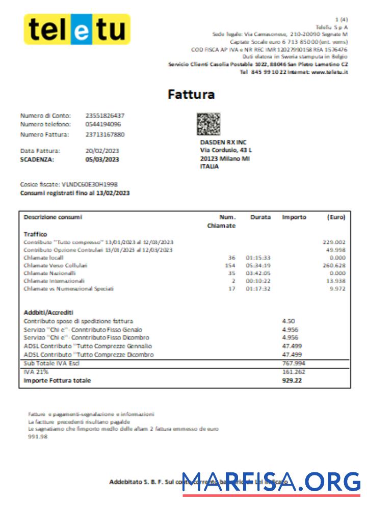Blank TeleTu S p A utility business bill, SCR download for verification